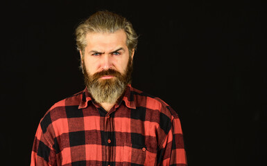 Mature hipster with beard. brutal caucasian hipster with moustache. Male barber care. Bearded man. Hair and beard care. Confident and handsome brutal man. Young and brutal. Facial care. copy space