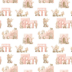 Watercolor seamless pattern with pink arch, pots, sculpture. Moroccan background with urban elements, dried leaves, lantern and stairs. Aesthetic North African architecture. Vintage wallpaper wrapping
