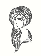 Woman with long, wavy hairstyle and elegant makeup.Beauty and hair salon logo.Cosmetics and spa icon.Young lady portrait isolated on white background.Beautiful girl face.
