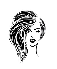 Woman with long, wavy hairstyle and elegant makeup.Beauty and hair salon logo.Cosmetics and spa icon.Young lady portrait isolated on white background.Smiling girl face.