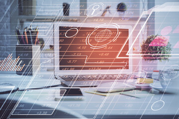 Multi exposure of desktop computer and technology theme hologram. Concept of software development.
