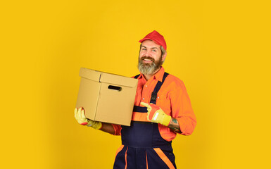 At your service. Moving house day. think outside the box. express delivery concept. Man worker in...