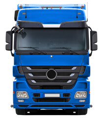European blue modern truck front view isolated on white background.