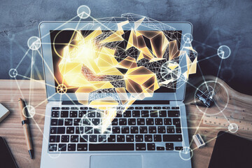 Multi exposure of work space with computer and human brain hologram. Brainstorm concept.