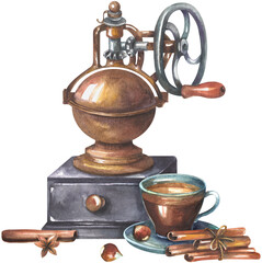 Fototapeta na wymiar Cup of coffee, grinder, cinnamon watercolor
