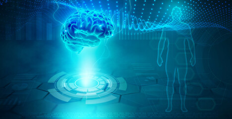 Fototapeta na wymiar Futuristic background represents scientific research in the medical field. Human figure and brain magnification, 3d illustration