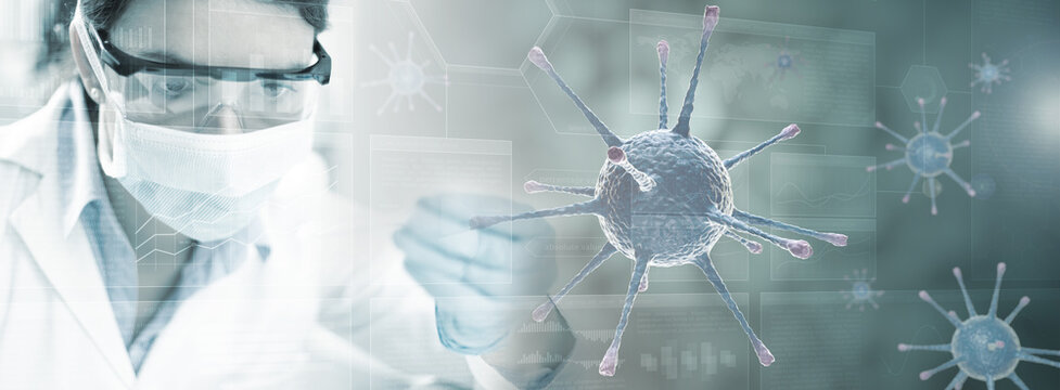 Female researcher with protective mask in the laboratory analyzes a molecule sample. Hologram shows magnification of a virus and relative data screen