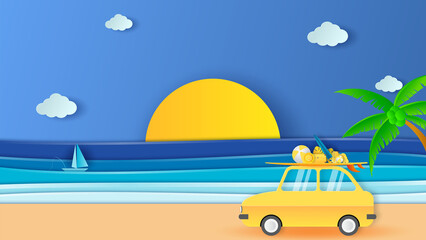 Sea view in summer. A small retro car with trunk on the roof, fully packed and ready for summer vacation. Blue sea view. Sea ​​by shore. Paper cut and craft style. Vector illustration.