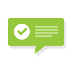 Confirm notice accept message with check mark vector speech bubble, verified checkmark approved notification vector flat cartoon, valid online updated task symbol tick note ui element design - obrazy, fototapety, plakaty