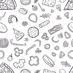 Vector seamless pattern with hand drawn pizza and pizza igridients