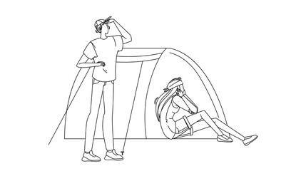 Campsite Tent And Tourists Man And Woman Vector