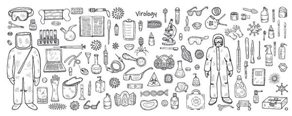 Banner with hand drawn virolory icons and other elemets. Science collection. Vector doolle illustration