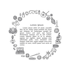 Set with hand drawn virolory icons and other elemets. Science collection. Vector doolle illustration