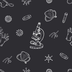 Seamless pattern with hand viruses, microscope, mask and other. Science collection. Vector doodle illustration