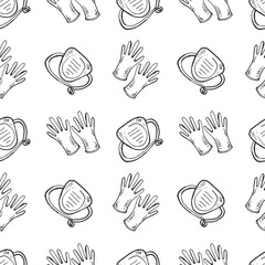 Seamless pattern with hand drawn medical masks and gloves. Medicine collection. Vector doodle illustration