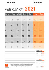 Calendar 2021 template planner vector new year calender in minimal table simple style. Holiday event planner. Simple calendar on english 2021. Template for planner design. February.