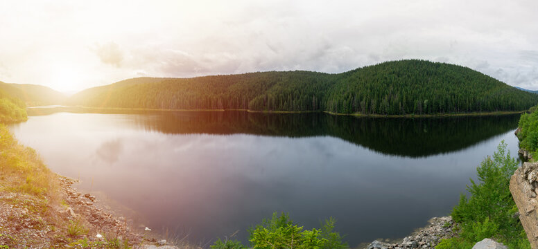 Oasa Lake, Transalpina, Romania. Panorama of beautiful lake seen from the Transalpina road.