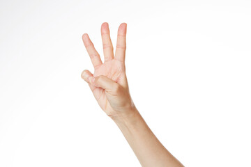 a woman's hand with three fingers spread out.