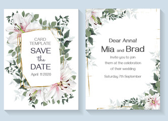 Floral design for wedding invitation. Vector template for your text. White king lilies, polygonal gold frame, green plants and leaves.