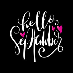 Hello September Text. Handwritten Inspirational Motivational Quote. Modern Calligraphy. Support Handwritten Quote. Pretty Doodle Design For Cup, sticker, pin, shirt, banner, etc