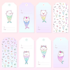 Cute gift tags. Set of gift tags with illustrations of little kittens with rainbow mermaid tails. Vector 8 EPS.