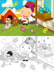 cartoon farm ranch scene with happy animals illustration for children
