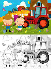 cartoon farm ranch scene with happy animals illustration for children
