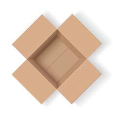 Open empty cardboard box isolated on white background. Top view.