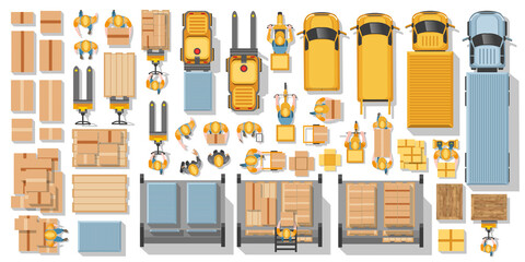 Warehouse and delivery. Top view. Vector set. Machines, equipment, warehouse workers, suppliers, parcels. Logistics icons set with cargo symbols.
Logistic infographics. View from above.