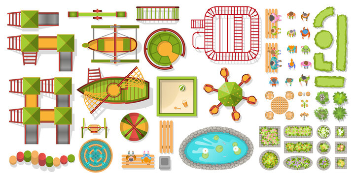 Vector set. Playground. Top view. Playgorund element for kids set. Slide and seasaw, swing and rocket. Equipment for kindergarten. View from above.