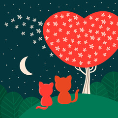 Happy Valentine's Day greeting card with couple of cats sitting near heart shape red tree under moon in night sky. Love theme flat design vector illustration.