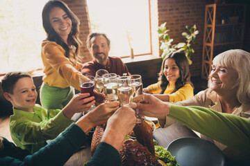 Portrait of nice attractive cheerful big full family brother sister meeting clinking glasses house party harvest celebration eating luncheon at modern loft brick industrial interior house indoors