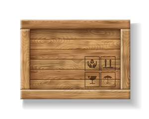 Wooden crate or cargo box for storage, transportation and delivery of product with postal symbols, isolated on white background. Top view.