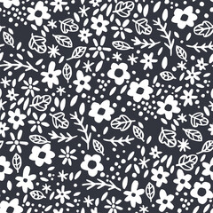 Seamless pattern with leaves on dark background. Cute elegant flowers vector illustration for poster or cover. Figure for textiles. Decorative floral elements for invitation and postcard design.