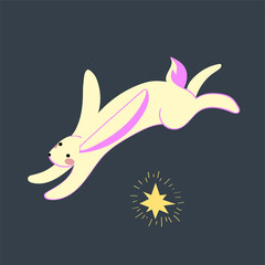 Mid autumn festival concept clipart. Moon rabbit jump across star. Chinese traditional culture. Vector. Flat.