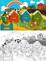 cartoon farm ranch scene with happy animals illustration for children