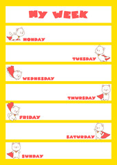 My week. Weekly planner with cute illustrations of funny super kittens. Kawaii school accessory. Vector 8 ESP.
