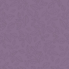 Line drawn violet branches with leaf and berries on calm purple background. Seamless monochrome floral pattern. Suitable for textile, wrapping.
