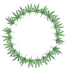 Watercolor cannabis wreath, round frame with green leaves
