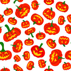 Seamless pattern of orange pumpkins on a white background. Vector illustration drawn by hands. Design of packaging, advertising, banners, textiles