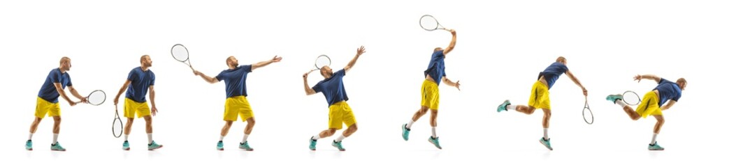 Gameplay. Young caucasian professional sportsman playing tennis on white background, collage, motion of ball's hit in dymanic. Power and energy. Movement, ad, sport, healthy lifestyle concept. Artwork