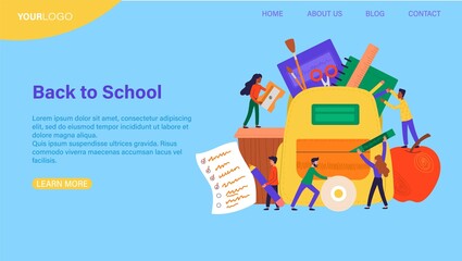 Fototapeta na wymiar Back To School concept with group of diverse kids using an array of educational accessories, colored vector illustration web page template