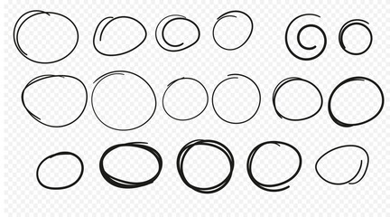 Hand drawn circle line sketch set. Vector circular scribble doodle round circles for message note mark design element. Pencil or pen graffiti bubble or ball draft illustration.