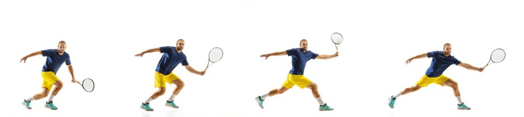 Target. Young caucasian professional sportsman playing tennis on white background, collage, motion of ball's hit in dymanic. Power and energy. Movement, ad, sport, healthy lifestyle concept. Artwork.