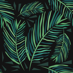 Naklejka na ściany i meble Seamless pattern with tropical leaves on a dark background. Palm trees and monstera. Hand-drawn watercolor background.
