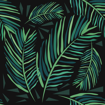 Seamless pattern with tropical leaves on a dark background. Palm trees and monstera. Hand-drawn watercolor background.