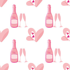 Quirky champagne and open heart seamless vector pattern background. Pink bottles, glasses, fizzy drink and love symbol on white backdrop. Fun all over print for engagement, Valentine celebration