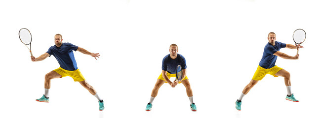 Attented. Young caucasian professional sportsman playing tennis on white background, collage, motion of ball's hit in dymanic. Power and energy. Movement, ad, sport, healthy lifestyle concept. Artwork