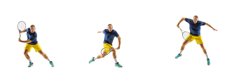 Aspiration. Young caucasian professional sportsman playing tennis on white background, collage, motion of ball's hit in dymanic. Power and energy. Movement, ad, sport, healthy lifestyle concept