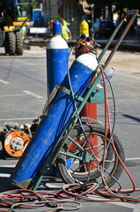 Gas containers for welding at the construction site